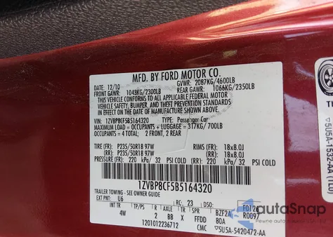 2011 Ford Mustang Gt Premium z USA, uszkodzony, nr VIN 1ZVBP8CF5B5164320